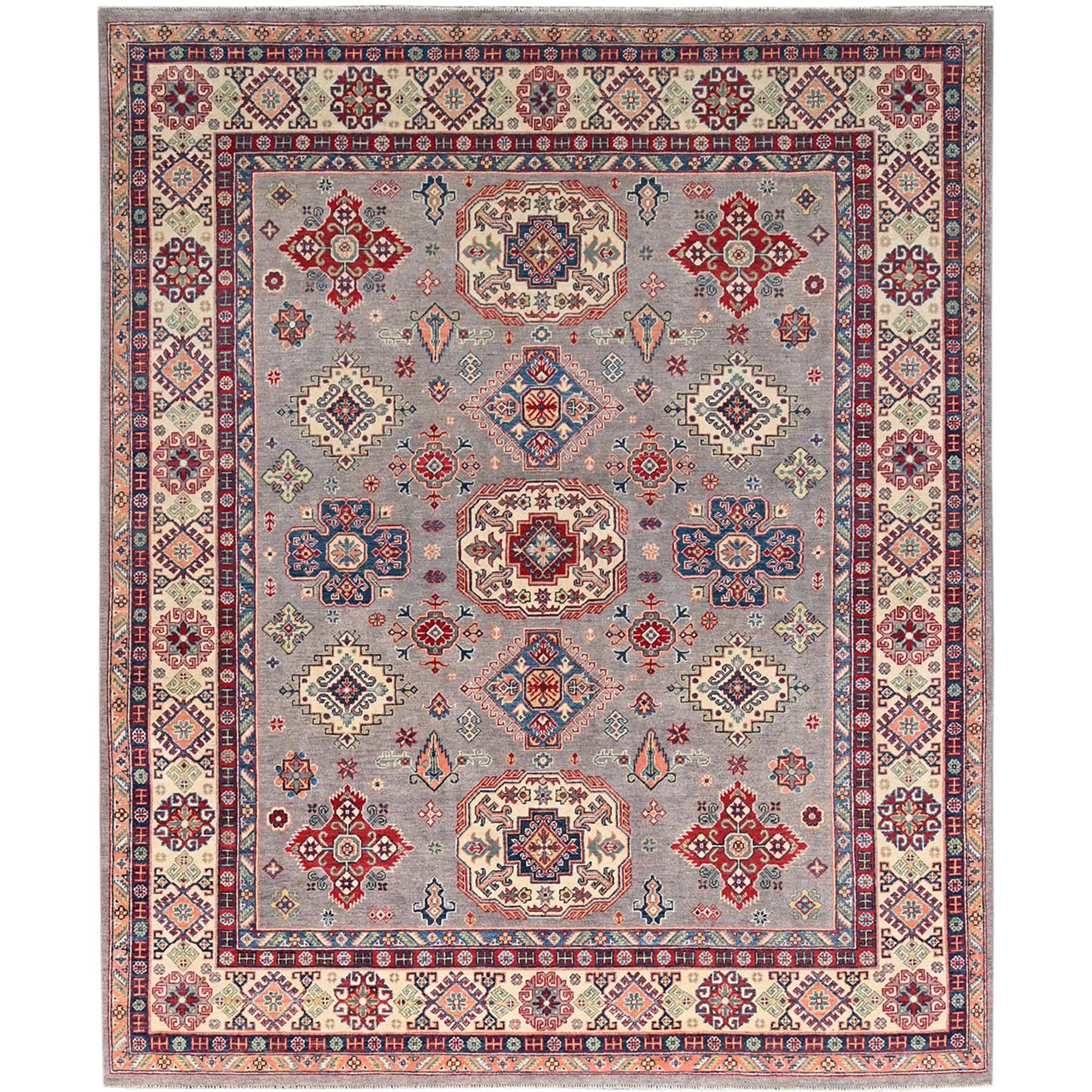 Functional Gray Hand Knotted Densely Woven Kazak, Tribal Medallion Design 100% Wool, Vegetable Dyes, Oriental Rug